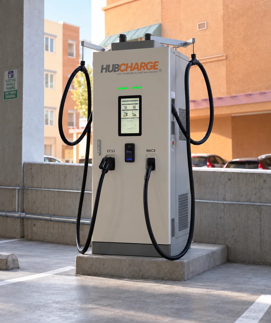 A HubCharge DC fast charger with CCS1 and NACS cables in a parking structure